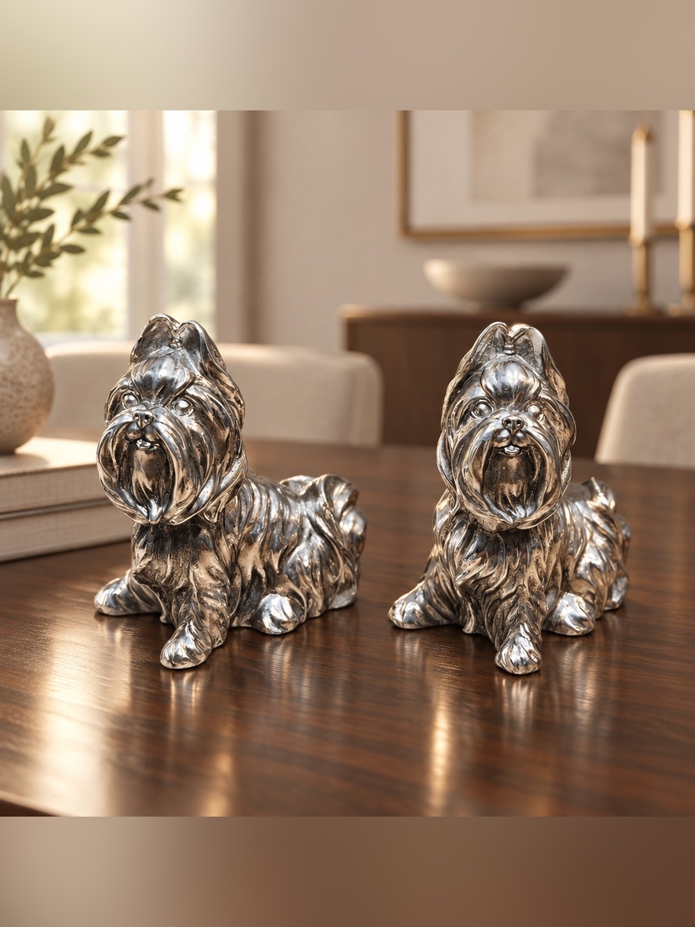 Lot of 2 Yorkshire Terrier Sitting Dog Silver Figurines